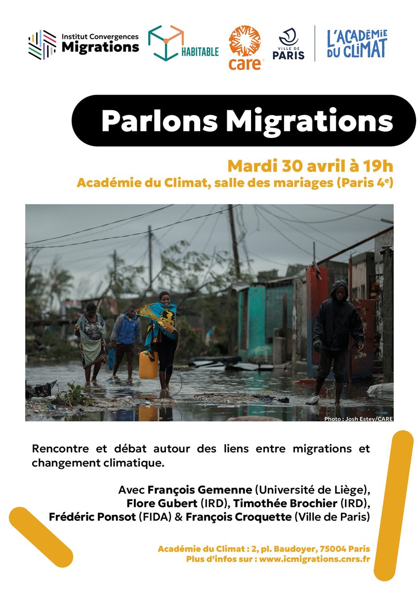 Il est encore temps de s'inscrire à la prochaine séance 'Parlons Migrations', consacrée aux liens entre changement climatique et déplacements de populations ! 🔜 📍Mardi 30 avril à 19h à l'Académie du Climat (Paris 4e) ! Infos et inscriptions 👉icmigrations.cnrs.fr/2024/03/29/ren…