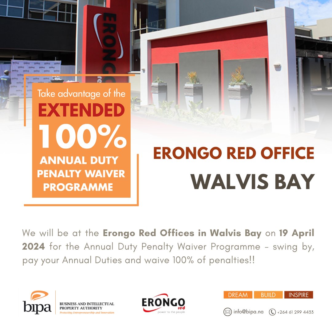 📌NEW VENUE ALERT The BIPA team will be at the Erongo Red Office in Walvis Bay on 19 April 2024 for its Annual Duty Penalty Waiver Programme Regional Visits. #dreambuildinspire #penaltywaiver