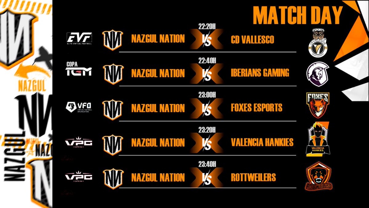 🔶 MATCHDAY 🔶 

Jueves de recuperación de partidos aplazados y COPA TGM 👊

🏆 @Official_EVF 🆚 @CValleseco_eafc 
🏆 COPA de <a href="/LigaTGM/">Liga TGM</a> 🆚 <a href="/IberiansGaming/">Iberians Gaming</a>
🏆 <a href="/VFOspain/">VFO España</a> 🆚 <a href="/FoxeseSport/">Foxes eSports🦊</a> 
🏆 <a href="/VPG_Spain/">Virtual Pro Gaming España</a> 🆚 <a href="/ValenciaHankies/">Valencia Hankies</a> 
🏆 <a href="/VPG_Spain/">Virtual Pro Gaming España</a> 🆚 @_Rottweilers_

#GoNN #GoNazgul #NagulOnTop