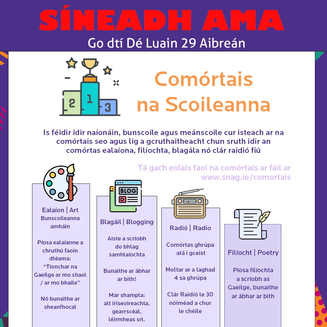 📢 Múinteoirí - Tá síneadh ama curtha leis na Comórtais i mbliana⏱ Tá go dtí Dé Luain 29 Aibreán anois chun na hiontrálacha a sheoladh isteach chugainn - tuilleadh eolais ar snag.ie/comortais Go leor duaiseanna le buachan! 🏆