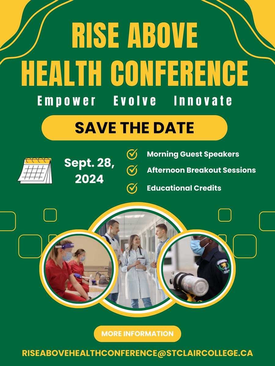 Mark your calendars! The Rise Above Health Conference, a top event for St. Clair College students & healthcare professionals, is coming on Sept 28, 2024. Expect insightful sessions, engaging activities, and networking opportunities.