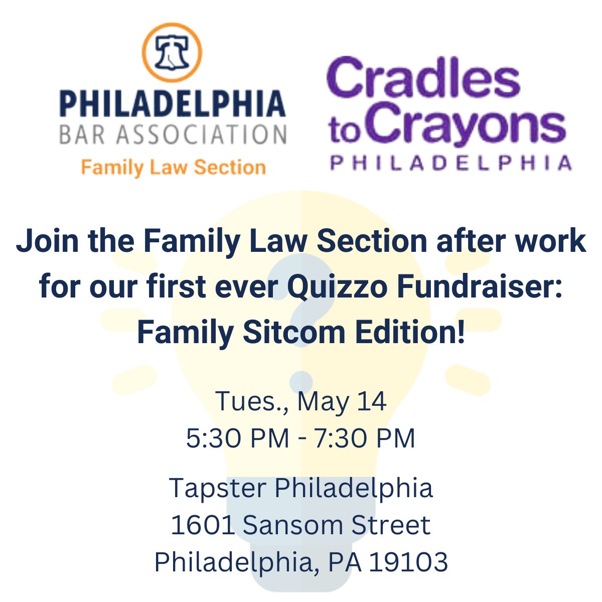 Please join the Family Law Section after work for their first ever Quizzo Fundraiser: Family Sitcom Edition! No need to bring a team with you, or any specific knowledge—teams will be formed the night of the event! Register today: ow.ly/nNLE50Rh1Ev