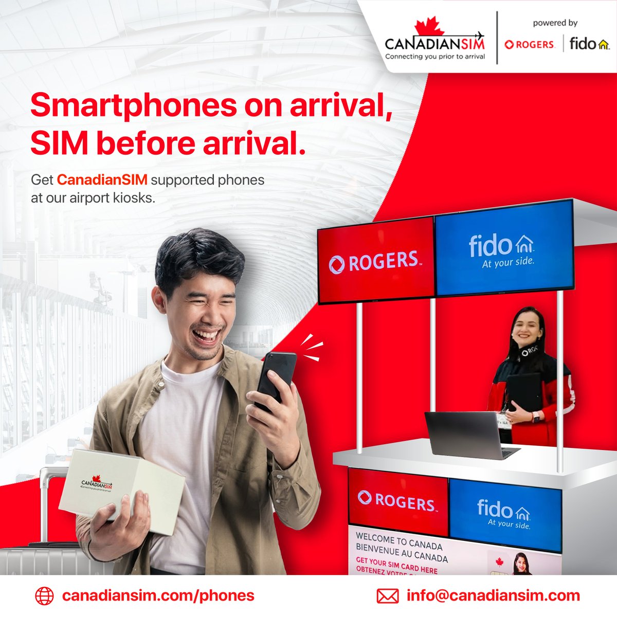 Travel to Canada with your CanadianSIM and pick your supported smartphone at our airport kiosks.
Sounds like a smooth transfer? That’s us!

#CanadianSIM #MobileLife #CanadianSIMdevices #CanadianSIMphones #CanadianAdventures #airportkiosks #Canadianairport #Canadiandevices