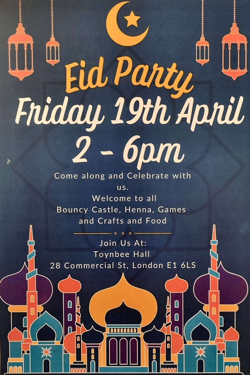 The Eid celebrations continue tomorrow with our annual Eid Party! Everyone is welcome and we have activities for all the family including a bouncy castle, henna, games, crafts and food! ✨ 🌙 🎉 Thank you to @ECBIDLondon for their support.