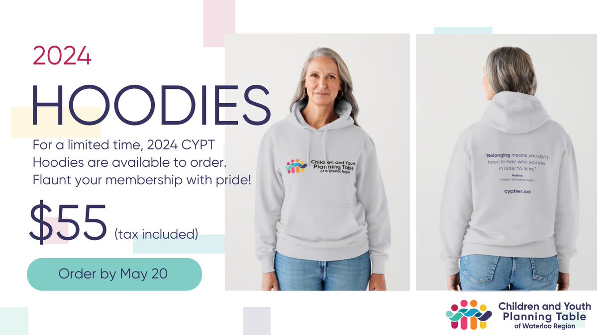 2024 CYPT hoodies are on sale for a limited time!✨ These white hoodies feature the CYPT logo plus a quote about belonging by Mobina, a #WaterlooRegion youth. Order your hoodie for $55 (tax included) by May 20! Get more info and order here: forms.regionofwaterloo.ca/ePay/CSD-ePay-…