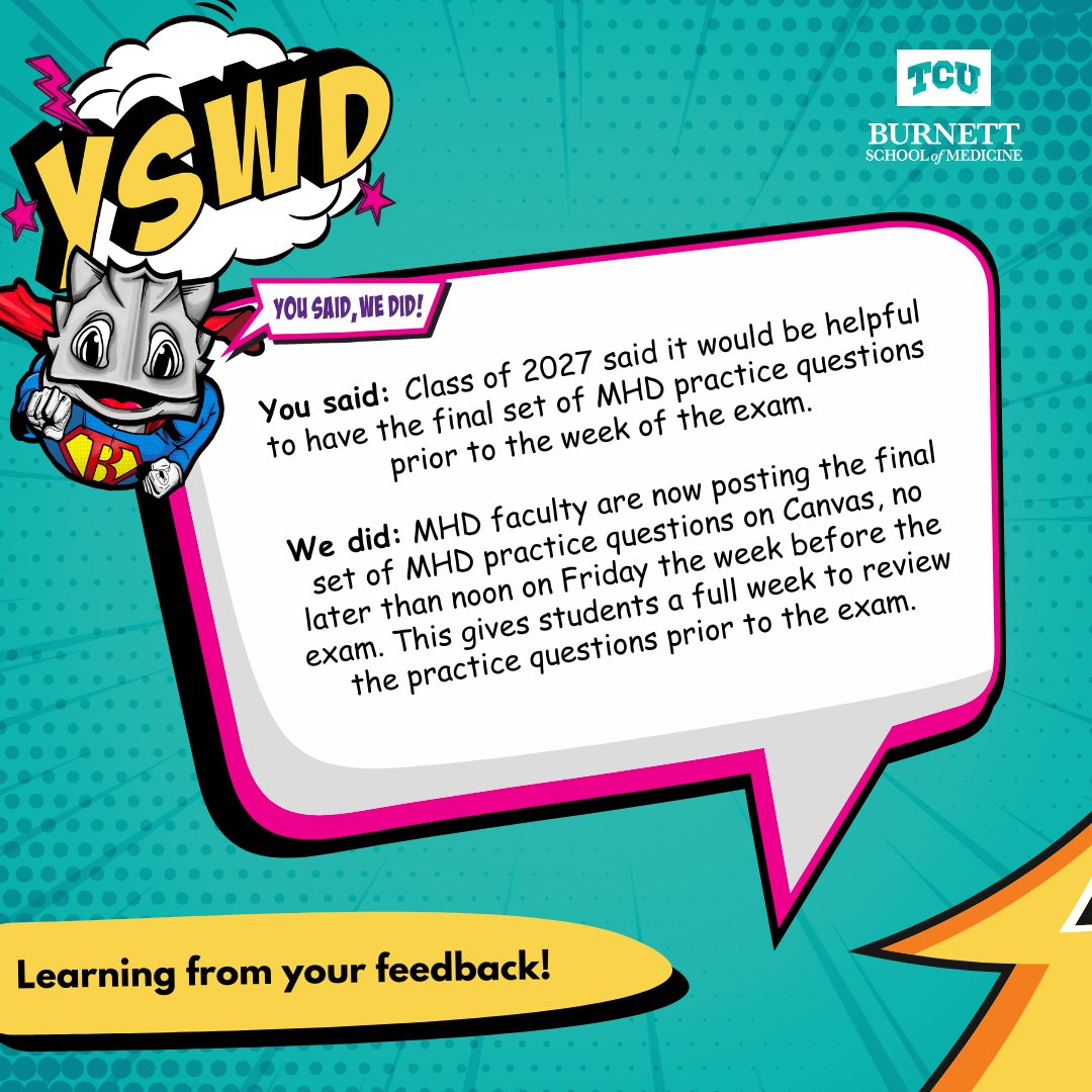 Here are some more curriculum changes that we have made based on feedback from our students! 

Check out our website to learn more: bit.ly/4aGIloH

#TCU #YSWD #YouSaidWeDid #StudentFeedback #MedicalSchool #MedStudents