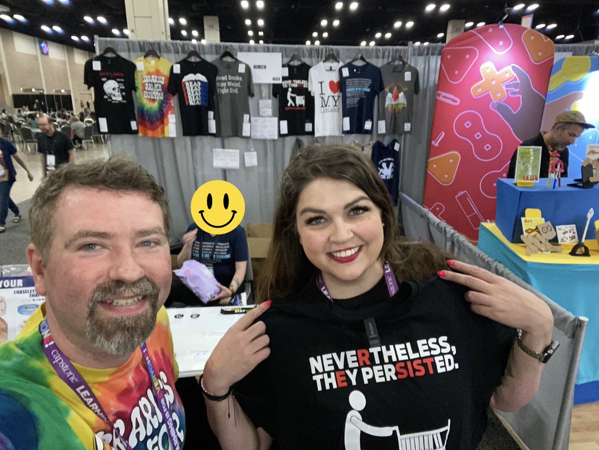 So wonderful to see these friends at our @txla24 @nimcoinc booth 1633. @Z_Brarian bought a shirt to go with her @abmack33 'That Librarian' tee. @MrsBongiornoEdu of @AdobeForEdu is right next door at booth 1529. And @rachaelreads_ & @cuethelibrarian stopped by too!! Amazingness!