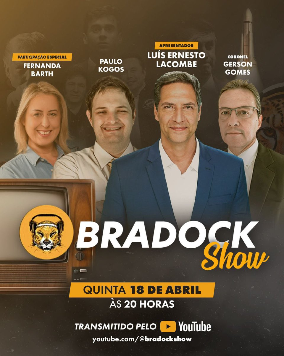 É hoje, às 20h, participo do Bradock Show com o Luís Ernesto Lacombe! Convido vocês a acompanhar ao vivo pelo YouTube (youtube.com/live/YuRENWaOi…). Não perca, espero vocês!