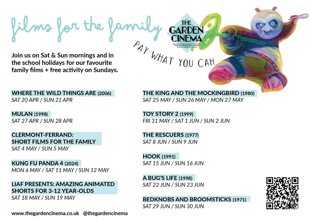 Every Saturday &amp; Sunday morning we host Films For The Family. All screening are Pay-What-You-Can and on Sundays the screenings are followed by a free activity. 

Upcoming films include Kung Fu Panda 4 and <a href="/londonanimation/">LIAF</a> amazing animated shorts.

thegardencinema.co.uk/season/films-f…