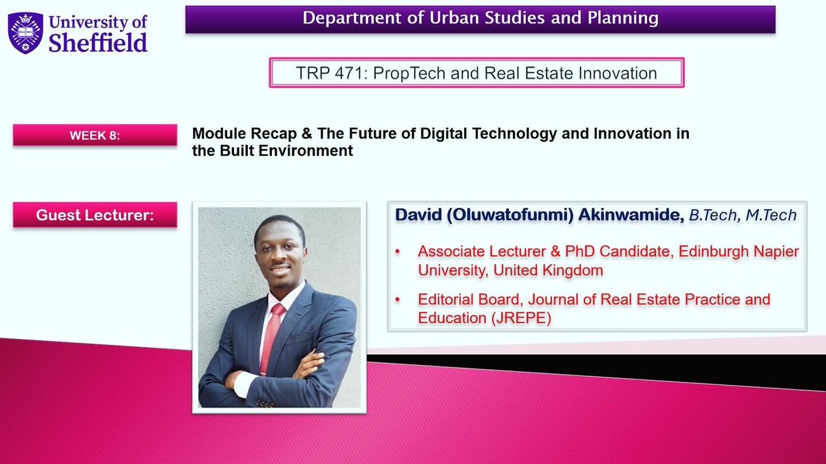 Today, I delivered a guest lecture on “the introduction to metaverse in real estate services” at the department of urban studies and planning, the university of Sheffield, United Kingdom. Thanks to @LayiOladiran for the invitation.

 #academia #metaverse #lecture #PropTech