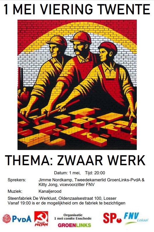 Kom ook naar de 1 meiviering in museum Steenfabriek De Werklust in Losser.
#PvdA Enschede organiseert een brede 1 meiviering 
samen met #FNV #groenlinks #ncpn en #SP
hofvantwente.pvda.nl/nieuws/1-mei-v…
