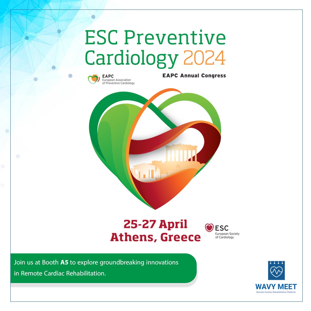🌟 Exciting Announcement! 🌟
We are thrilled to share that WAVYMEET will be participating in the prestigious ESC Preventive Cardiology 2024  conference, taking place from  April 25th to 27th in Athens, #Greece 🇬🇷
#ESCPrev2024 #Cardiology #HealthTech