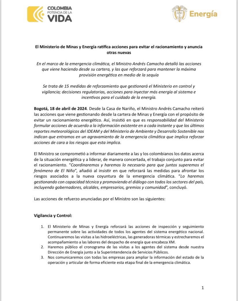 andrescamachom_'s tweet photo. Ante la advertencia del @IDEAMColombia de un agravamiento temporal de la emergencia climática, desde el @MinEnergiaCo lideraremos la puesta en marcha de 15 medidas de reforzamiento frente a la disponibilidad de energía.

#CuidaTuEnergía
#CierraLaLlaveYApagaLaLuz
#ElNiñoNoEsUnJuego