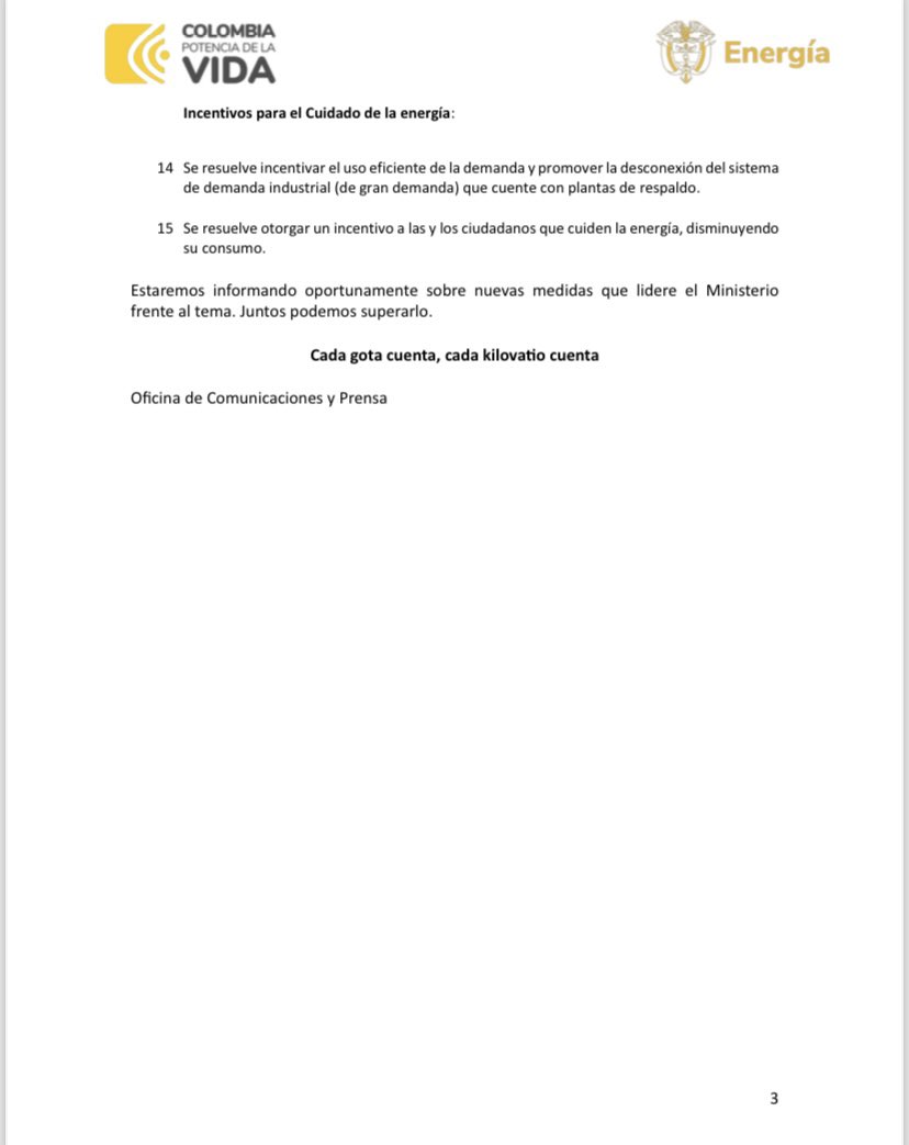andrescamachom_'s tweet photo. Ante la advertencia del @IDEAMColombia de un agravamiento temporal de la emergencia climática, desde el @MinEnergiaCo lideraremos la puesta en marcha de 15 medidas de reforzamiento frente a la disponibilidad de energía.

#CuidaTuEnergía
#CierraLaLlaveYApagaLaLuz
#ElNiñoNoEsUnJuego
