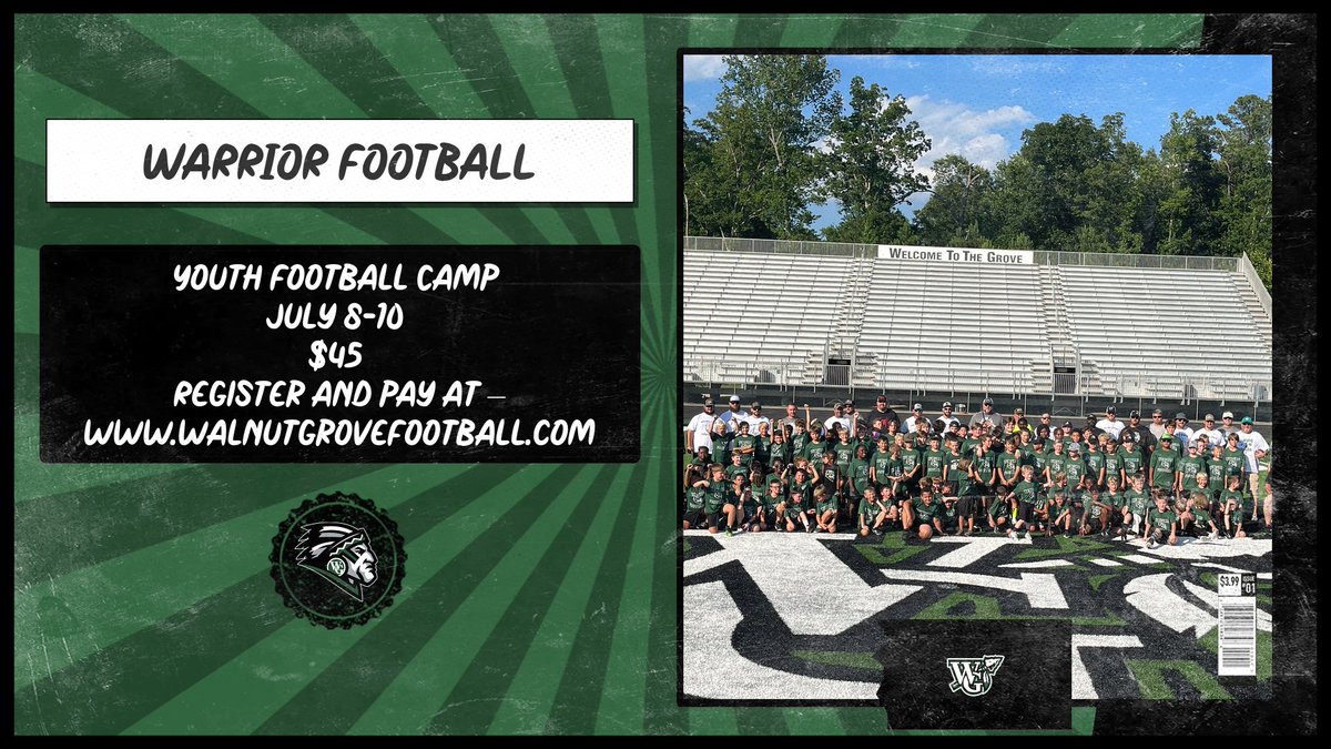 The Walnut Grove Warrior Youth Football Camp is back! July 8th, 9th and 10th at the Warrior Football Stadium. Register and Pay at walnutgrovefootball.com