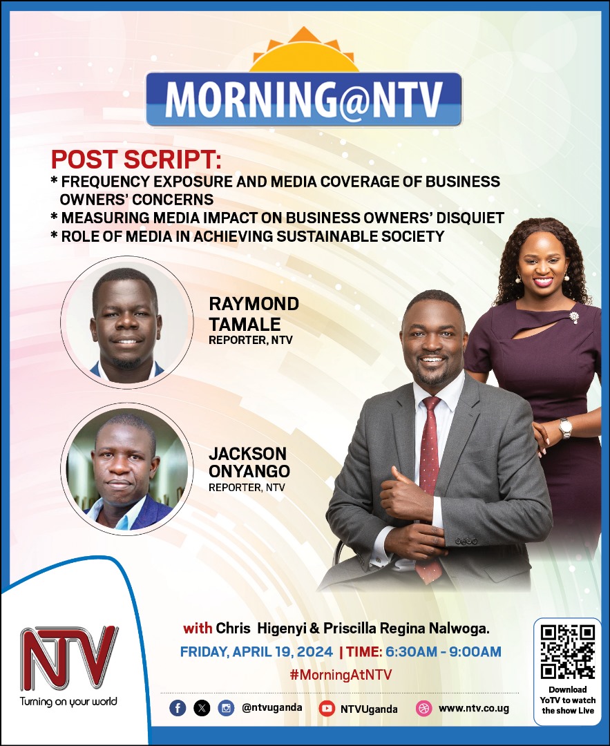 Join us for a discussion on #MorningAtNTV this Friday, April 19th, with @RaymondTamale and @onyangojackson1 as we delve into the topic of the role of media in achieving a sustainable society, and measuring its impact on business owners' disquiet.