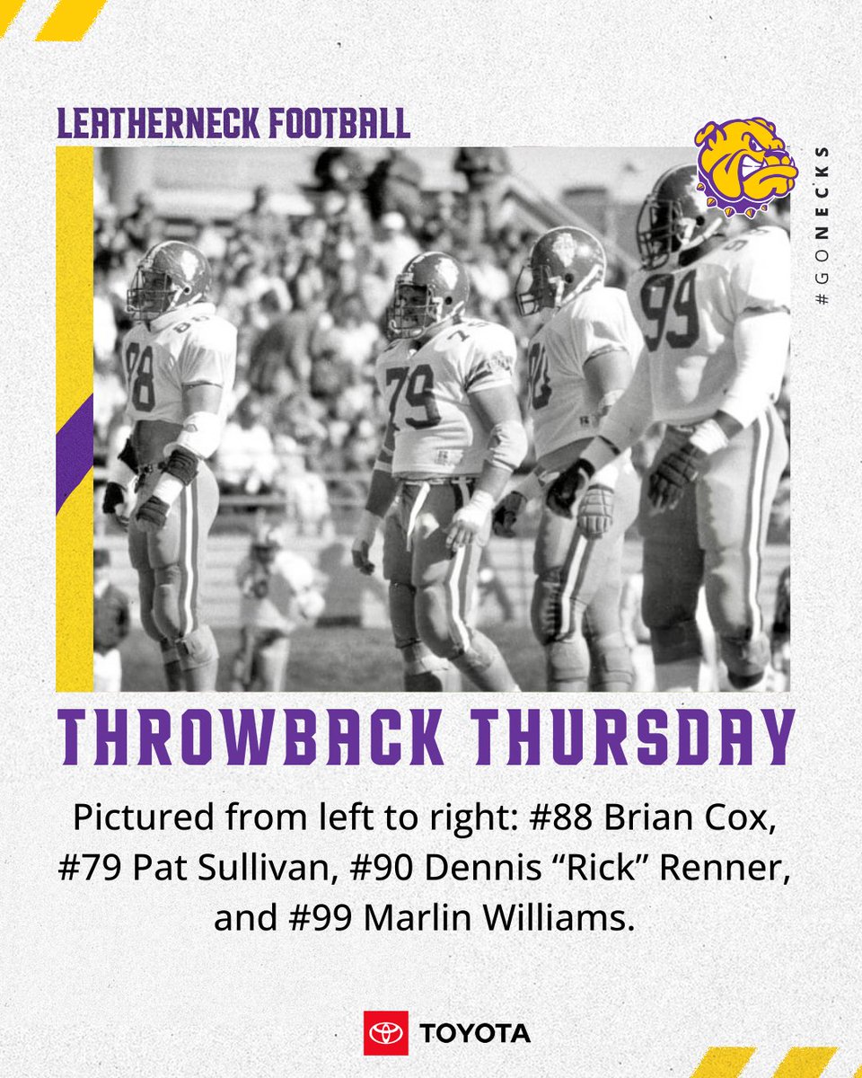 𝓣𝓱𝓻𝓸𝔀𝓫𝓪𝓬𝓴 𝓣𝓱𝓾𝓻𝓼𝓭𝓪𝔂 Pictured from L to R: #88 Brian Cox, #79 Pat Sullivan, #90 Dennis “Rick” Renner, and #99 Marlin Williams. #TBT brought to you by the Toyota Season Ticket Drive. 🎟️: leathernecktickets.com #GoNecks | #OneGoal | #ECI