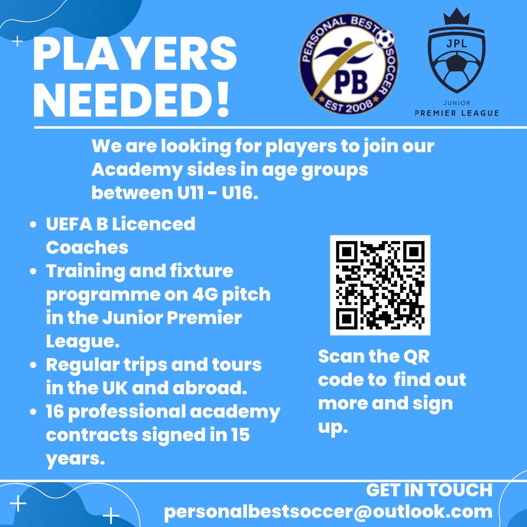🚨WE ARE RECRUITING We are recruiting for our Academy teams next season U11-U16. We look to provide an environment where your players can grow to their full potential as individuals and members of society whilst becoming the best they can be in their future career.