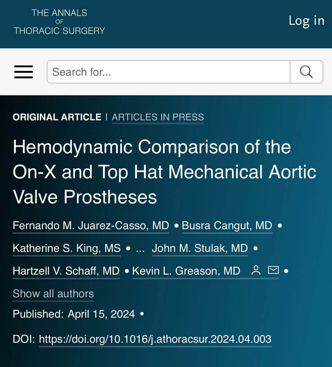 🔥 Hot off the press! Check out our latest paper comparing the hemodynamic valve function of two commonly used mechanical aortic valve prostheses 🫀 @HSchaffMD @MayoClinicCVS @annalsthorsurg @FernandoM_JC annalsthoracicsurgery.org/article/S0003-…