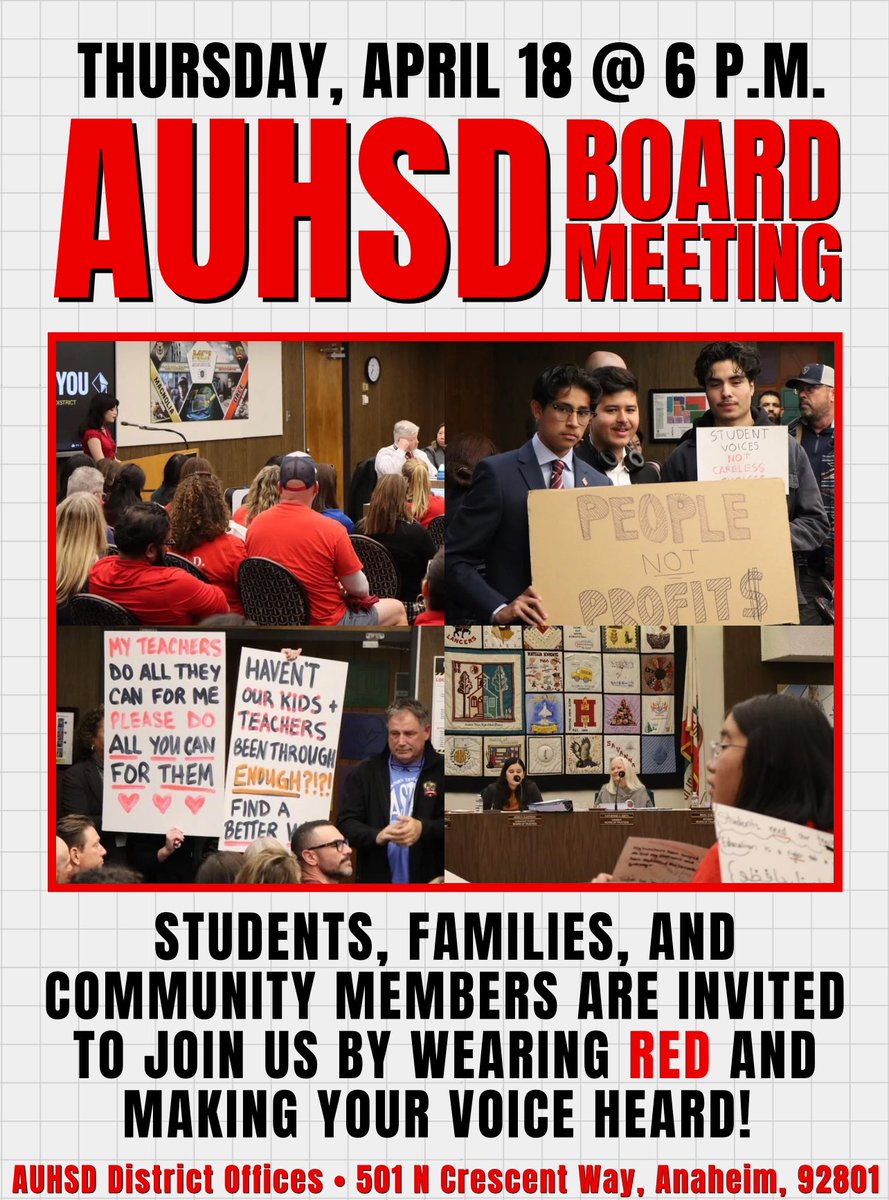 Students, families, and community members are invited to join us at tonight’s AUHSD Board Meeting. Arrive early, wear RED, and make your voice heard! Let’s show the district that we stand UNITED against their decision to cut teachers and raise class sizes! #WeAreASTA #RedForEd