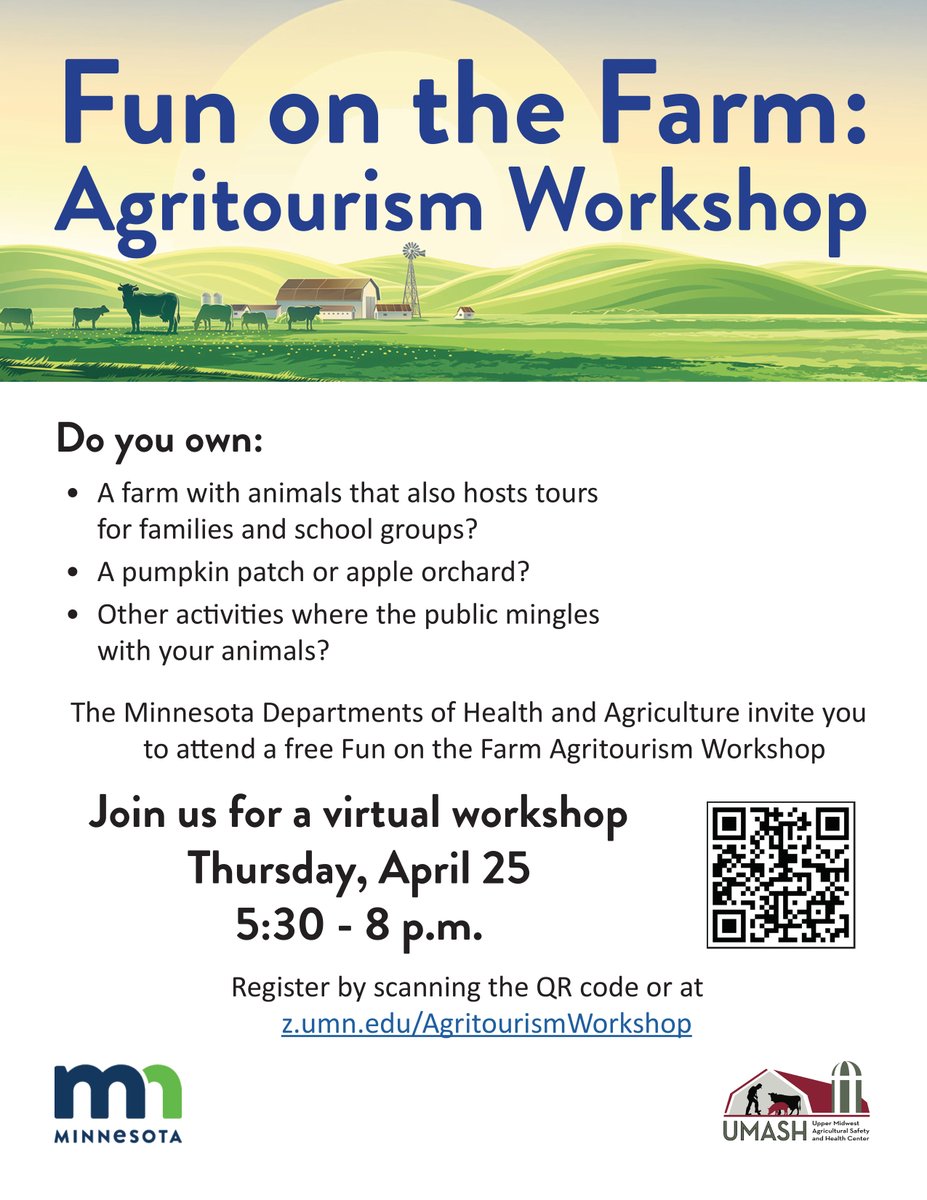 Interested in connecting with others who offer #agritourism activities? @mnhealth and @MNagriculture invite you to attend a free Fun on the Farm Agritourism Workshop on Thursday, April 25. We hope to see you there!