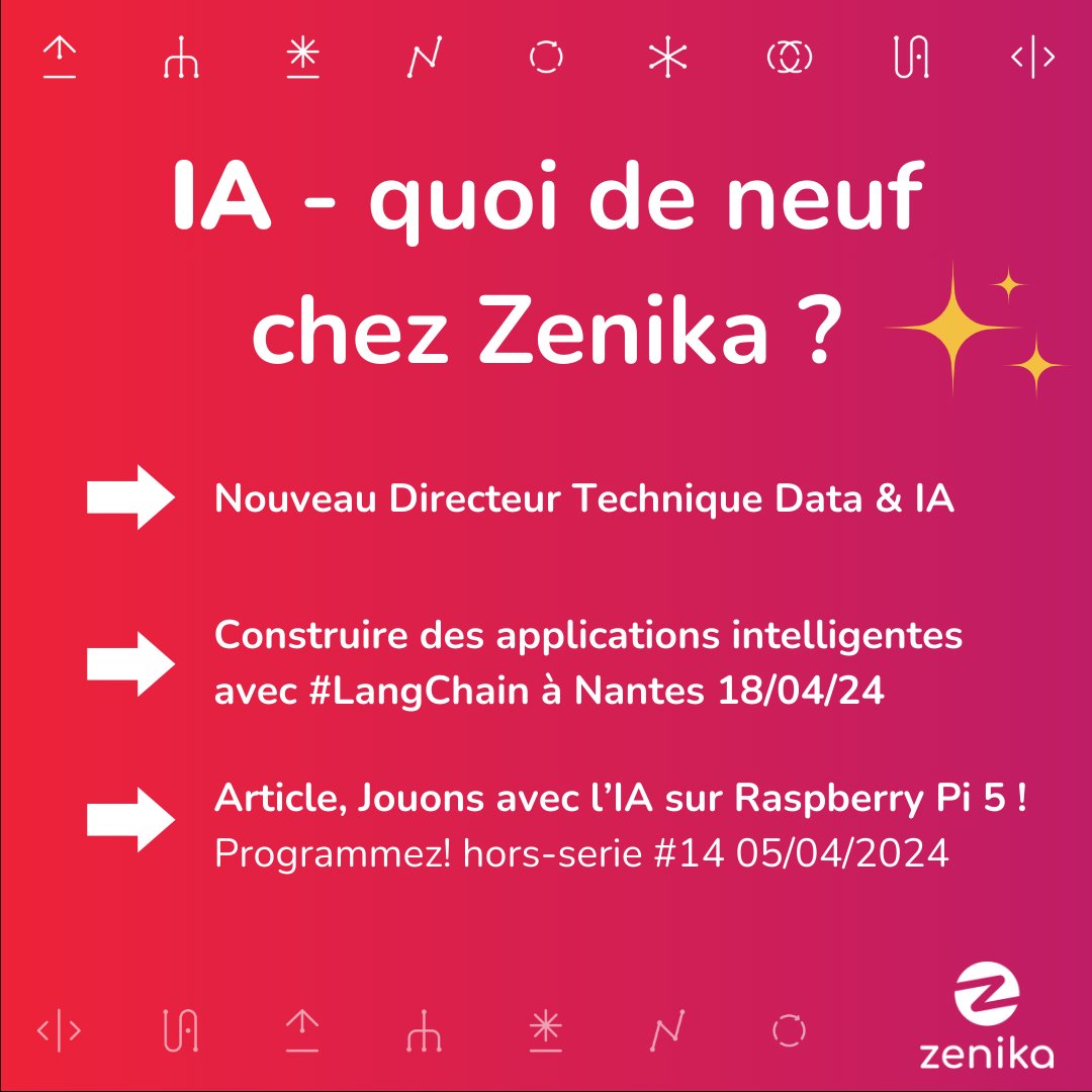 ZenikaIT's tweet photo. IA - quoi de neuf chez Zenika ?

L’#IA et les possibilités qu’elle offre est une préoccupation majeure de Zenika. 🤖

Depuis quelques mois, plusieurs nouveautés sont venues rythmer le quotidien de Zenika en rapport avec l’IA. 

On vous les résume ici en thread 👇 https://t.co/vl9EIjBtyT