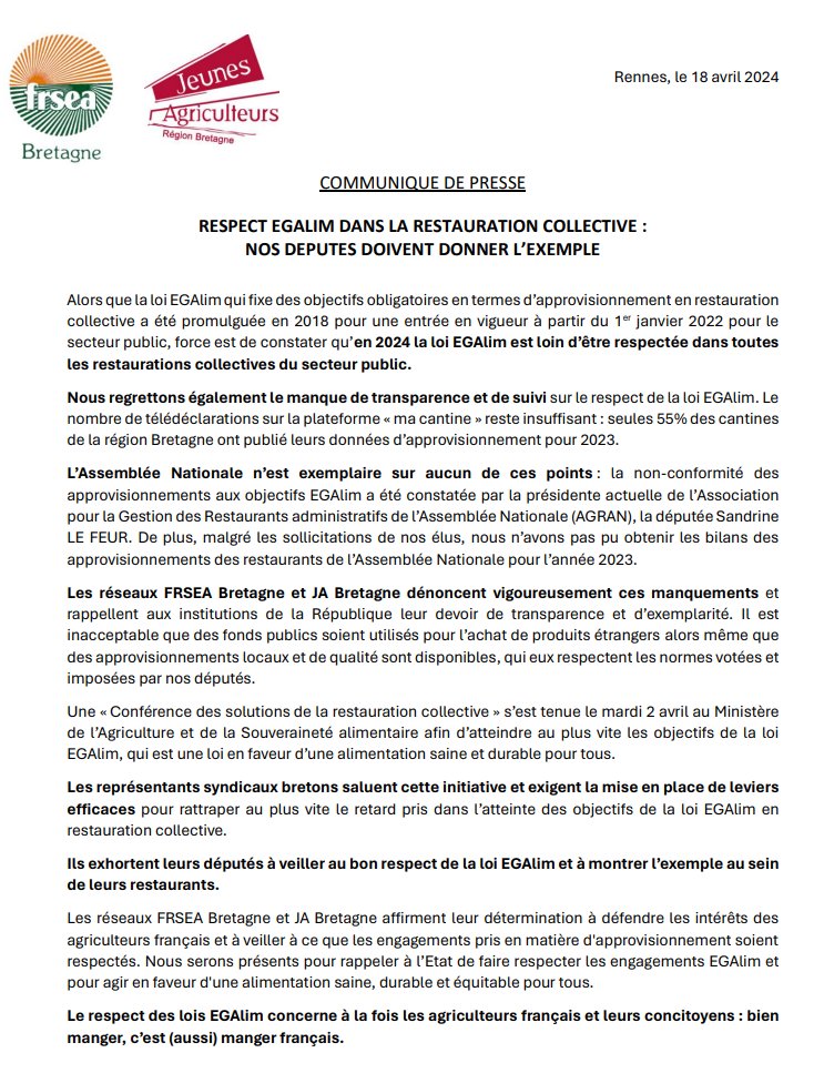 Respect EGAlim dans la restauration collective : nos députés doivent montrer l'exemple @SandrineLeFeur ➡️Communiqué @FRSEA_Bretagne @JABretagne