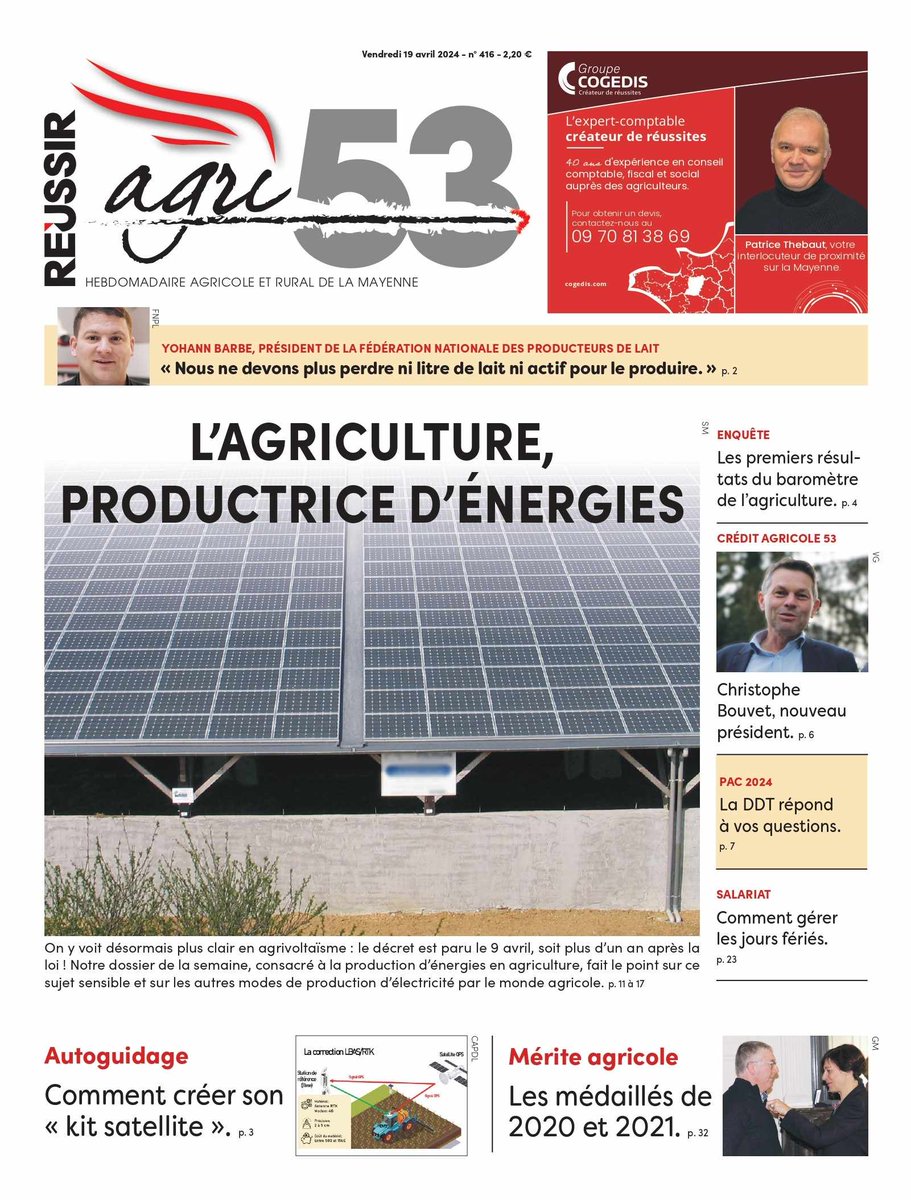 Demain la Une de @Agri_53 fait la part belle aux énergies renouvelables. Aussi : ITW du nouveau président de la @FNPLait @yohannbarbe, @CAAnjouMaine change de président pour @lamayenne, @ChambagriPdL et baromètre #agricole en 53, #PAC 2024 : les réponses de la DDT53 @Prefet53