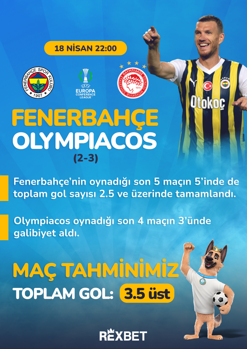 🔥 Konferans Ligi temsilcimiz Fenerbahçe sahasında Olympiakos'a geçit vermek istemiyor! Maça özel #Rexbet marketlerini bol oranlarla kuponuna eklemek için hemen üye ol! Rexbet Giriş: bit.ly/444ZExH