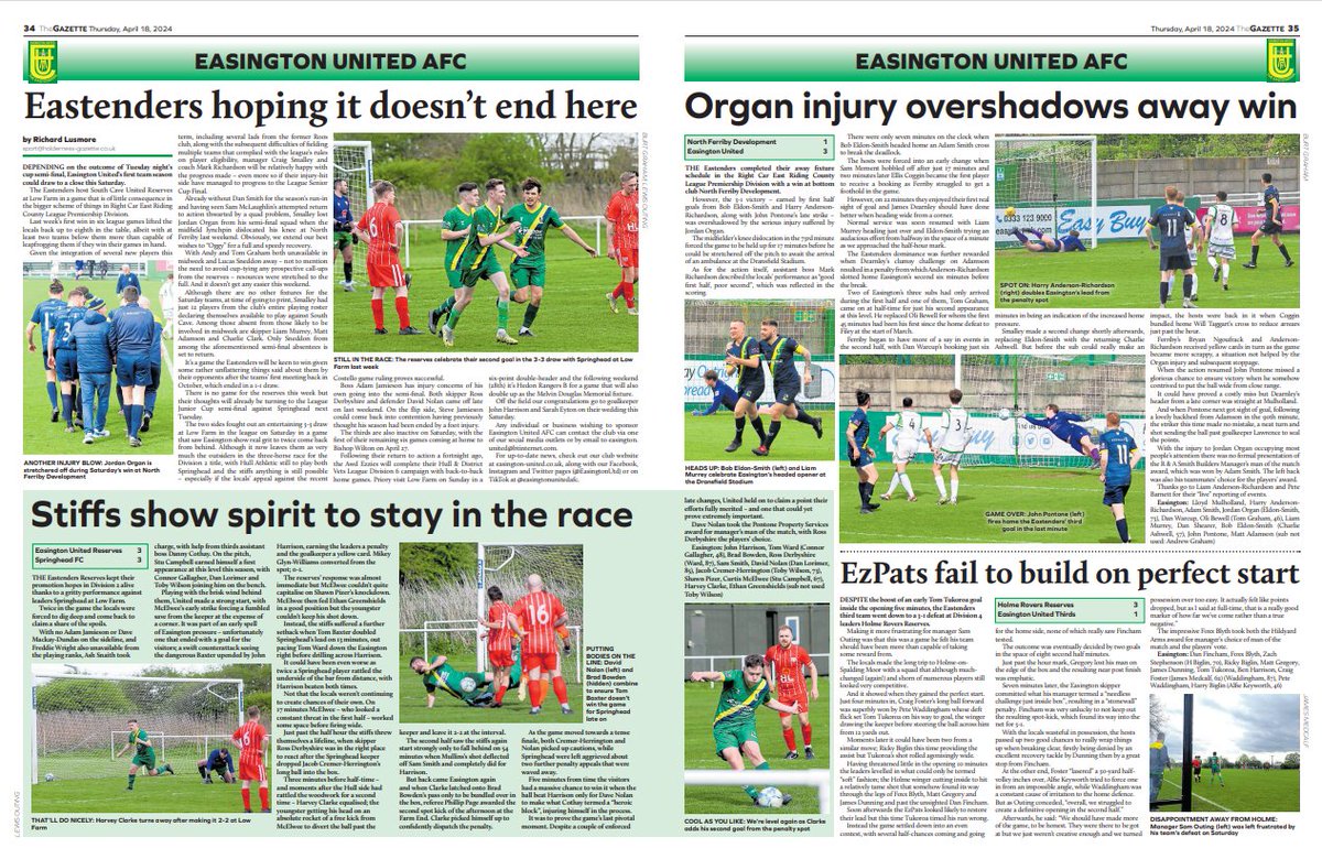 CLUB | READ ALL ABOUT IT 📰 More 'bonus' #UpTheEz 🔰 coverage in the new @HoldernessNews thanks to midweek action. First up the usual double-page spread (accompanied by great pics from @BurtonGraham9 & @LazloUzala)... [1/2] #euafc | #Since1947 | #PrideOfHolderness 🟢🟡