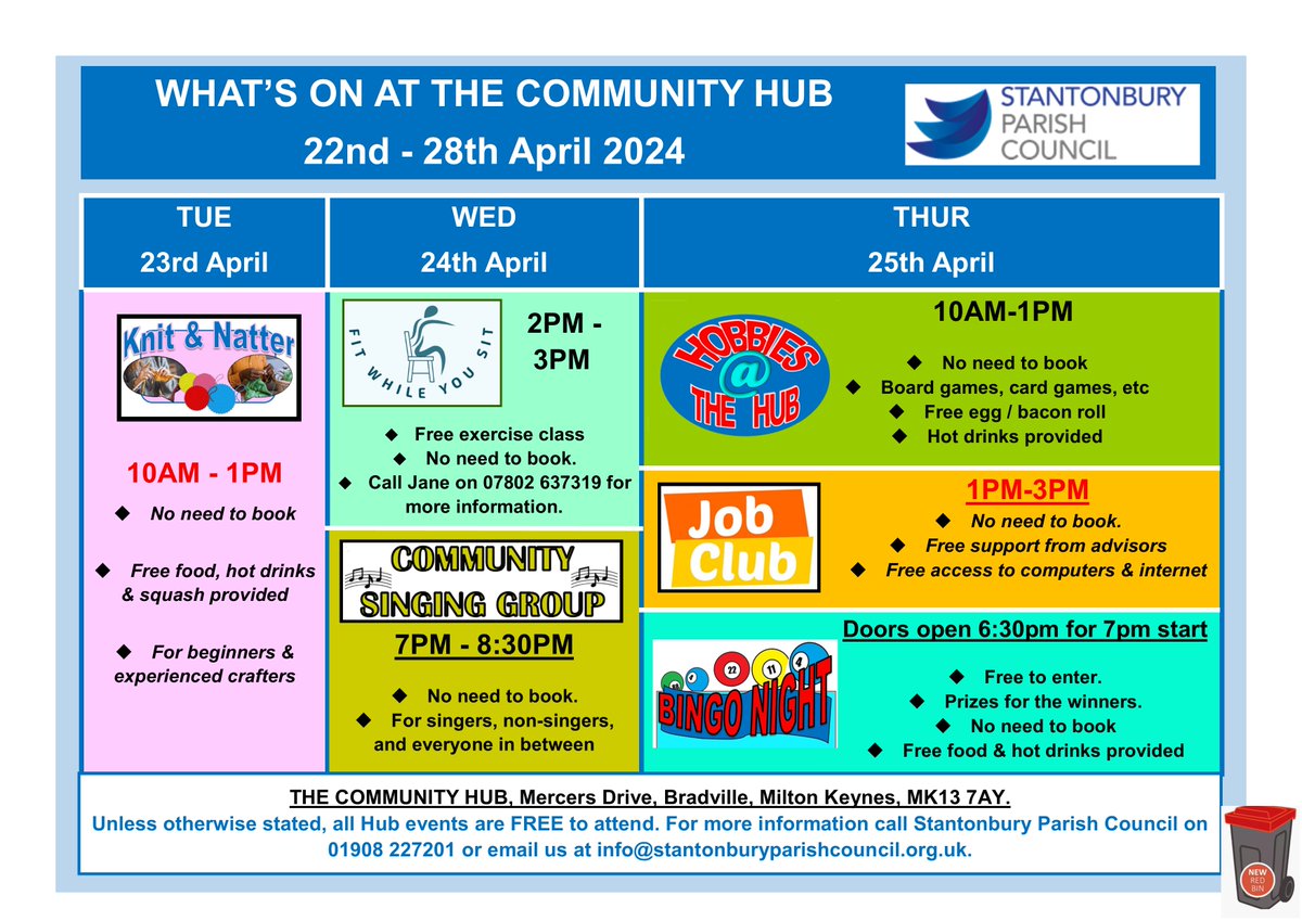 What's on at The Community Hub: 22nd - 28th 2024 The Community Hub, Mercers Drive, Bradville, MK13 7AY. For more information please comment below, call us on 01908 227201 or email us at info@stantonburyparishcouncil.org.uk.