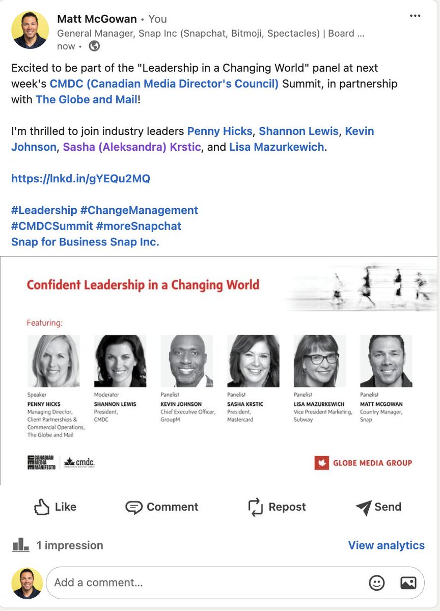 Excited to be part of the 'Leadership in a Changing World' panel at next week's @CMDCCanada (Canadian Media Director's Council) Summit, in partnership with The @GlobeAndMail! lnkd.in/gYEQu2MQ #Leadership #ChangeManagement #CMDCSummit #moreSnapchat $SNAP