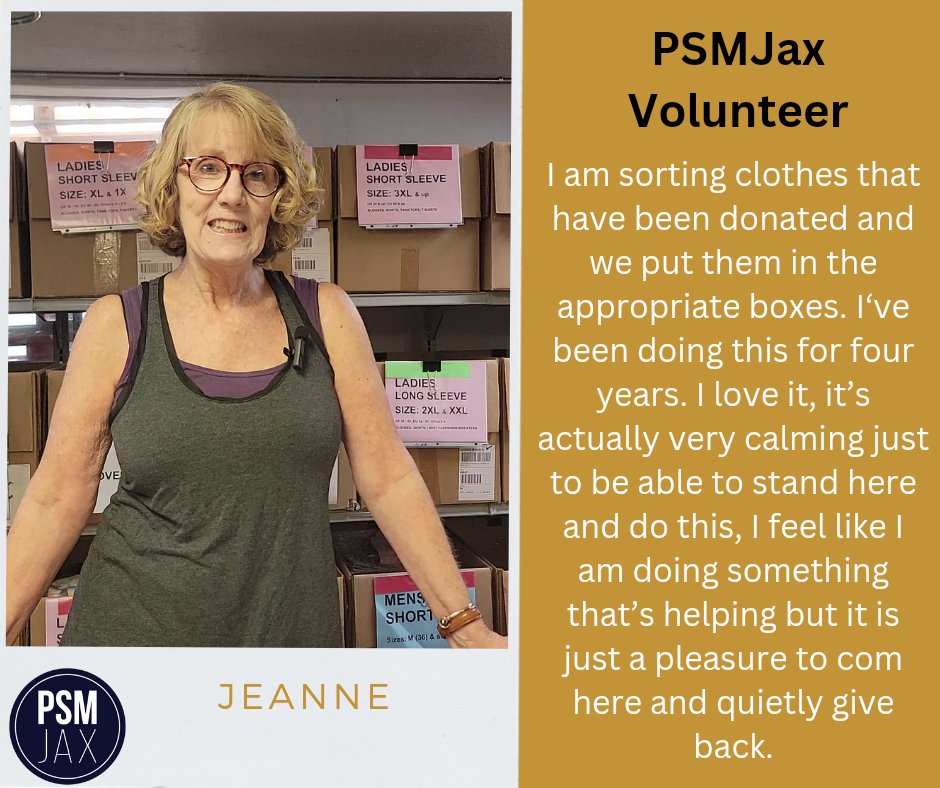 Thank you, Jeanne, for your support. We love having your around, and your time is valuable to us. Continue to be an amazing supporter of our mission in clothing with dignity those in need. 

#PSMJax #Volunteer #Support #Nonprofit  #JacksonvilleFlorida #Jeanne #VolunteerMonth