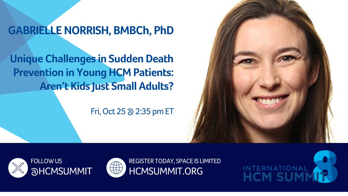 Don't miss @glnorrish's talk 'Unique Challenges in #SuddenDeathPrevention in Young #HCM Patients: Aren’t Kids Just Small Adults?' at @hcmsummit8. Join us & tackle critical issues in #hypertrophiccardiomyopathy #pediatriccardiology Register @ hcmsummit.org #cardiotwitter