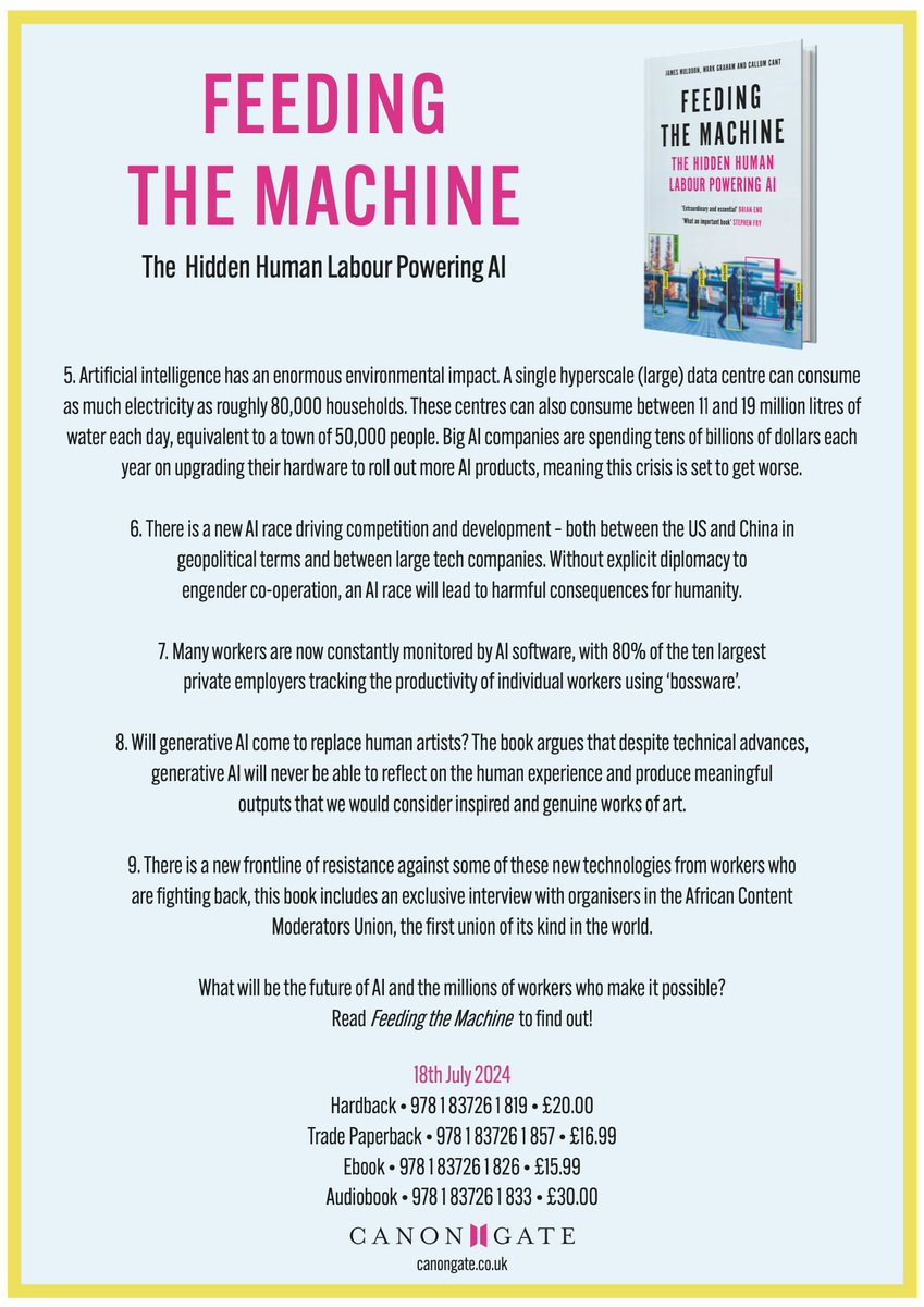 Here's a crib sheet for our forthcoming book with @canongatebooks Feeding the Machine: The Hidden Human Labour Powering AI It will be out in July, and is already available for pre-order.