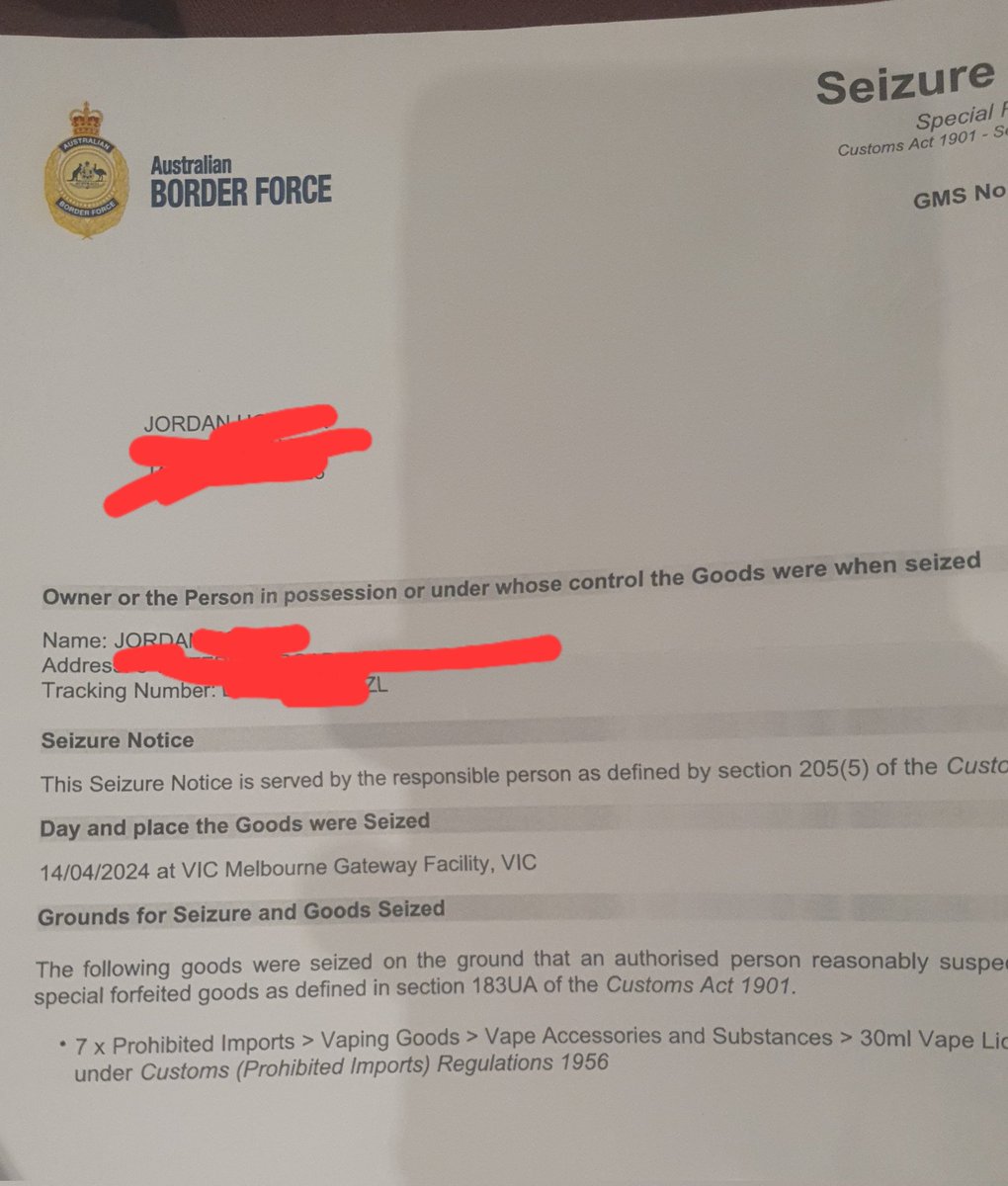 Previously a smoker for 17 years but since the start of the year have been vaping nicotine eLiquid instead and had quit. Now my eLiquid, which I have a prescription for, is being seized at the border and I have to buy combustible tobacco products again. Thanks a lot @ausgov