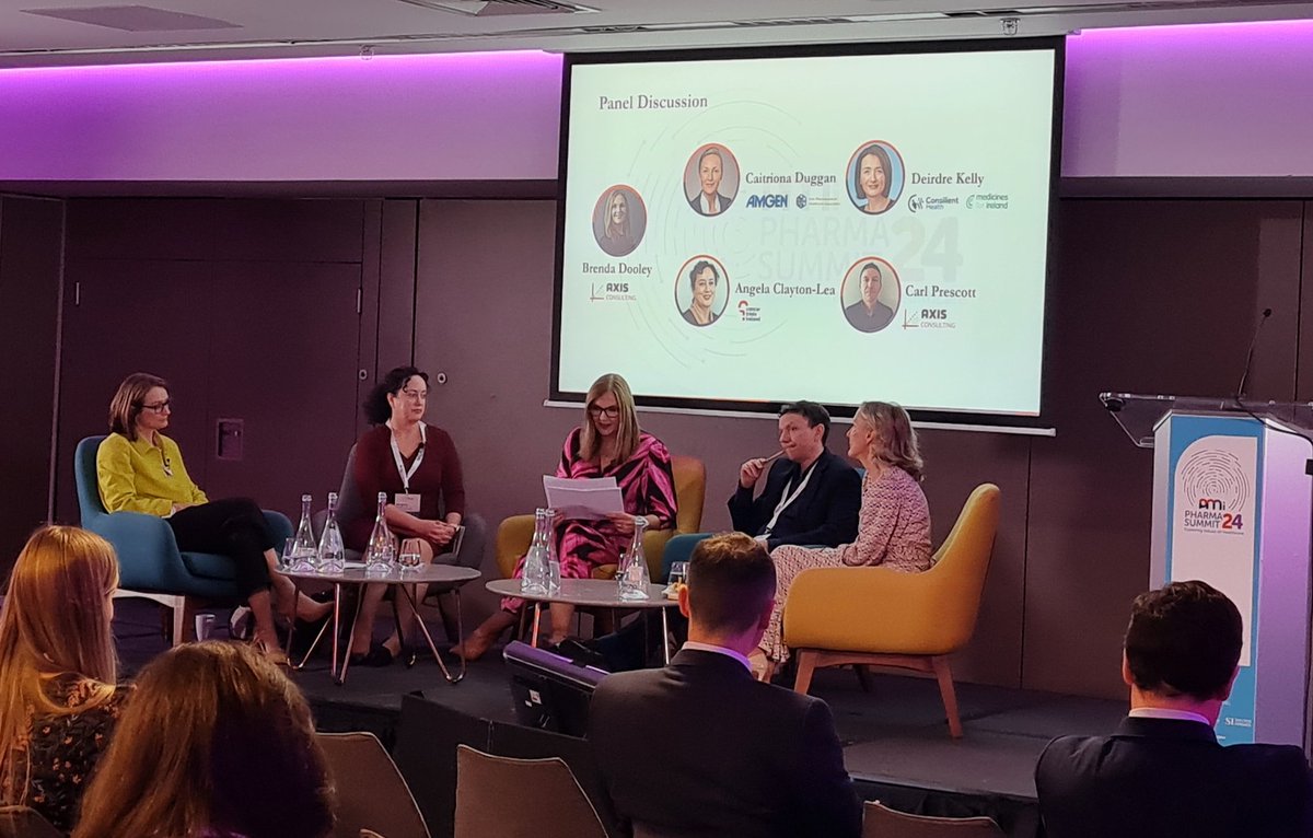 Our panel discussion has just started now. Chaired by Brenda Dooley, @AXISConsultLTD we're joined by Deirdre Kelly - Consilient Health & @MedicinesForIRL Caitriona Duggan Amgen & @ipha Carl Prescott @AXISConsultLTD & Angela Clayton-Lea @cancertrials_ie #thepmi24