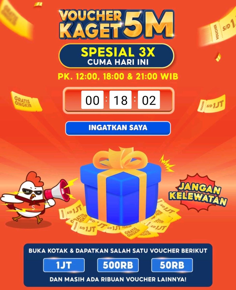 Shopee Voucher Kaget 5M ⏰ Jam 21:00 📌 Voucher hanya berlaku 5 menit Refresh halaman promo: shope.ee/6zxS7czvjY