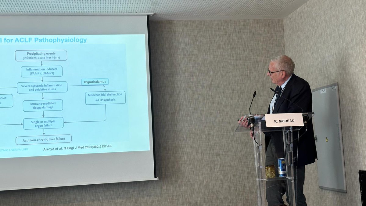 Richard Moreau on the current model for #ACLF pathophysiology - microbial infections and acute liver injury are major triggers of systemic inflammation and single or multiple organ failure in cirrhosis #ELITAsummit @ESOTtransplant
