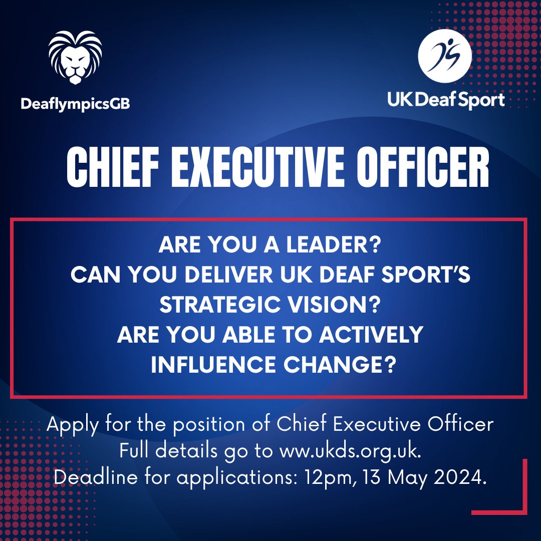 Join UK Deaf Sport as our CEO! Ready to lead and make a difference? Apply now: ukdeafsport.org.uk/uk-deaf-sport-… #UKDeafSport #CEO #JobOpportunity #ApplyNow