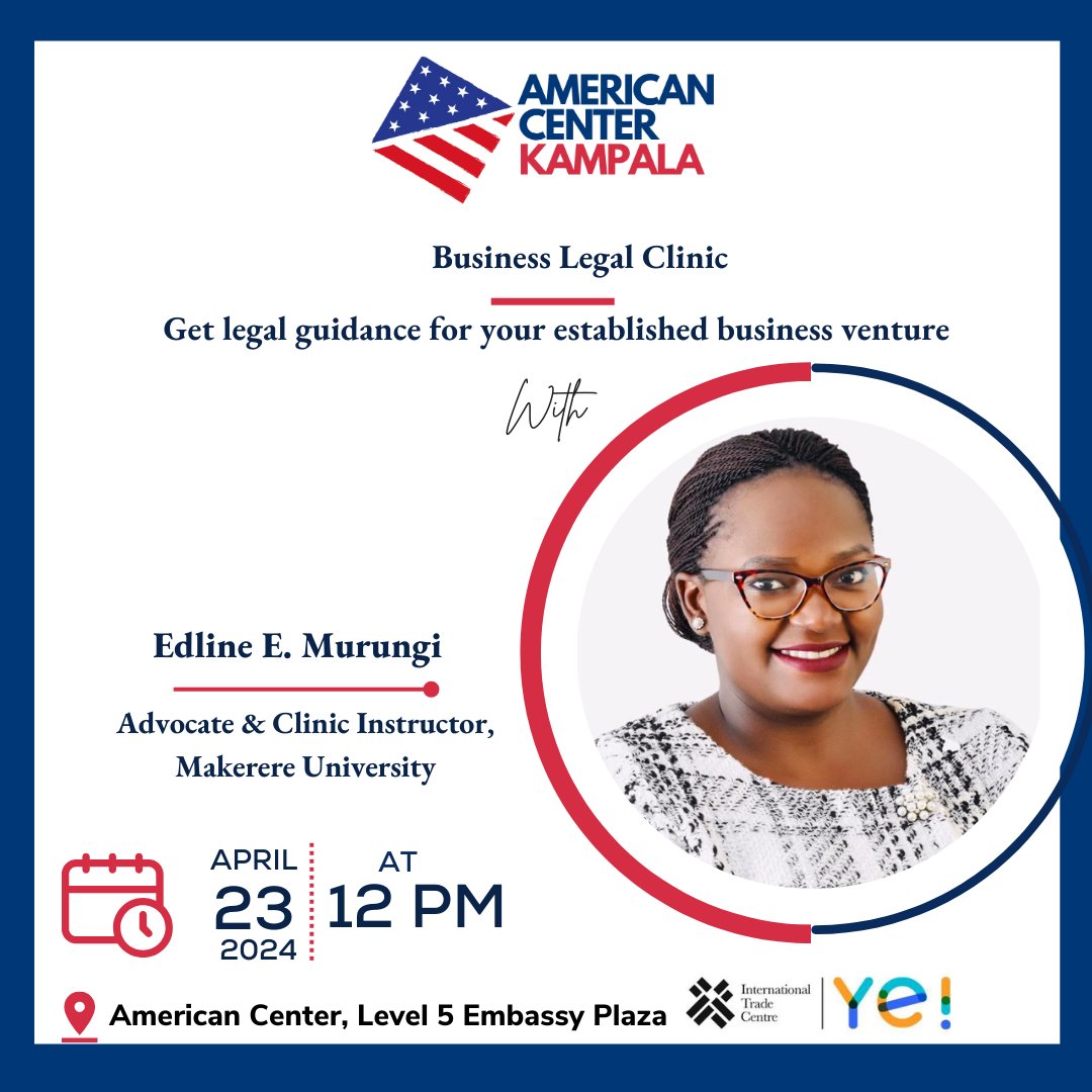 The #AmericanCenterKampala will host a Business Legal Clinic delving on innovative strategies for protecting business assets and ensuring legal compliance, facilitated by Advocate, Edline Murungi, on April 23. Register to attend: forms.gle/ZKjVAFCv9RQzkM…