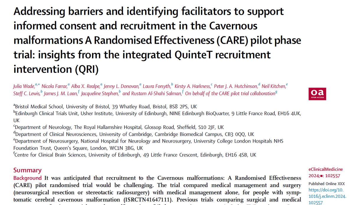 Published in tandem with the @NIHRresearch CARE pilot trial. Thanking participants, @The_SBNS members, neurologists, @EdinUniECTU for making this happen + @BleedingStroke and Neil Kitchen for leading. @Cavernomauk #SBNSEDINBURGH24 doi.org/10.1016/j.ecli…