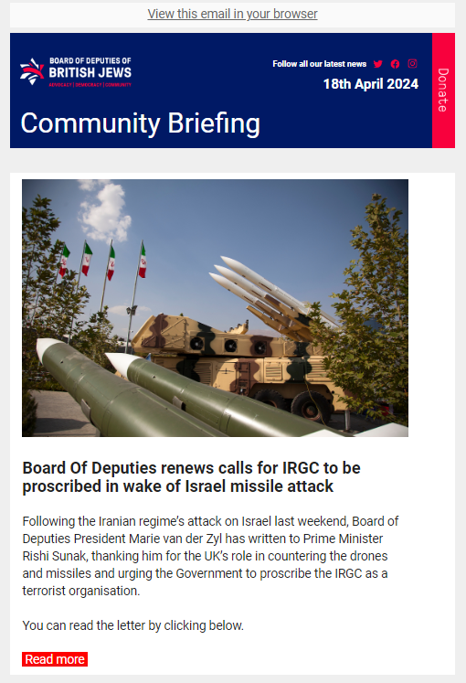 In this week's Community Briefing: Board Of Deputies renews calls for IRGC to be proscribed in wake of Israel missile attack mailchi.mp/boardofdeputie…
