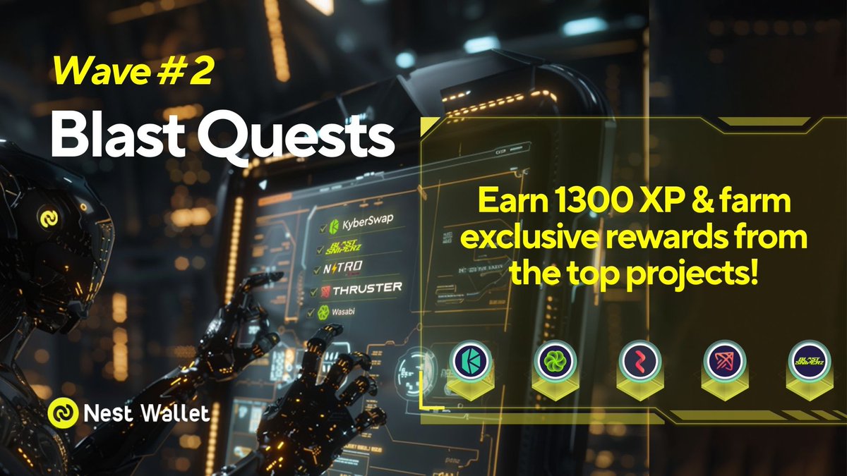 nestwalletxyz's tweet photo. 𝐁𝐥𝐚𝐬𝐭 𝐖𝐚𝐯𝐞 𝟐 𝐐𝐮𝐞𝐬𝐭𝐬 𝐚𝐫𝐞 𝐥𝐢𝐯𝐞! ���

Farm @Blast_L2 points + gold + Nest XP &amp; farm rewards from every project in our curated set of quests

Featuring:
@ThrusterFi | @wasabi_protocol | @routerprotocol | @blastsniperz | @KyberNetwork

Quests video walkthrough 👇 https://t.co/xBO3k3tmhi