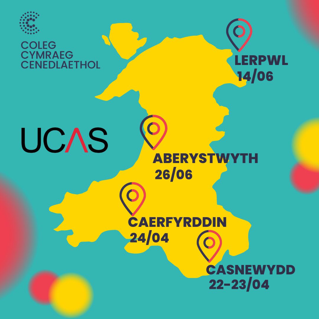 ‼️ At sylw ysgolion a blwyddyn 12. Dyma lle fyddwn ni yn ffeiriau UCAS eleni👇 Edrych ymlaen at sgwrsio gyda disgyblion ac athrawon am fanteision addysg prifysgol cyfrwng Cymraeg🏴󠁧󠁢󠁷󠁬󠁳󠁿 @yrawrgymraeg