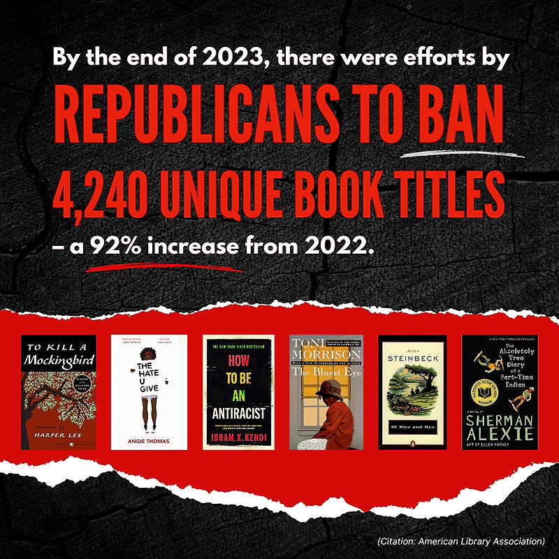In 2023, thousands of books targeting people of color and the LGBTQ+ community were banned across the nation by MAGA Republicans. Their goal is to silence anyone they disagree with. MAGA extremists cannot be allowed to attack our democracy. Book bans have no place in this…