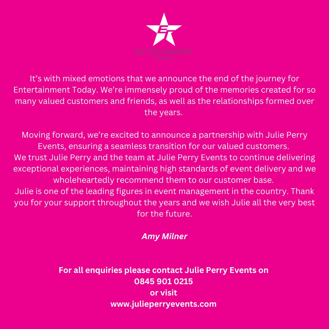 For all enquiries please contact Julie Perry Events on 0845 901 0215 or visit julieperryevents.com