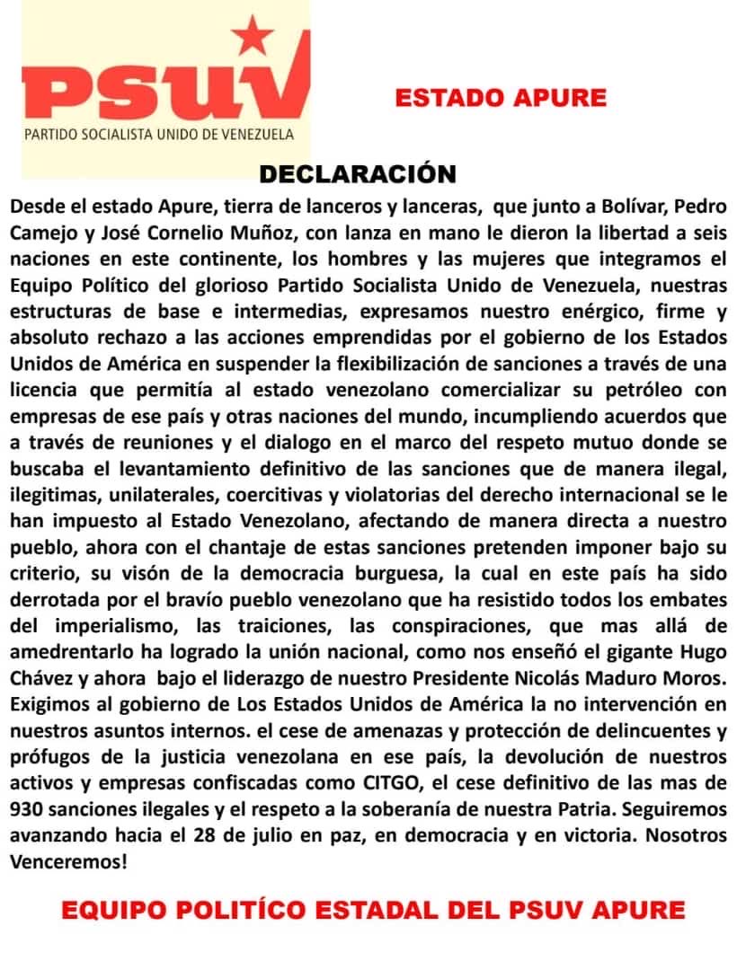 Declaración del PSUV Apure rechazando la decisión del gobierno de EEUU y nuestra irreductible posición al lado del presidente ⁦<a href="/NicolasMaduro/">Nicolás Maduro</a>⁩ y el pueblo venezolano ⁦<a href="/dcabellor/">Diosdado Cabello R</a>⁩ ⁦<a href="/delcyrodriguezv/">Delcy Rodríguez</a>⁩ ⁦<a href="/PartidoPSUV/">PSUV</a>⁩ ⁦<a href="/PSUVEnApure/">PSUV Apure</a>⁩