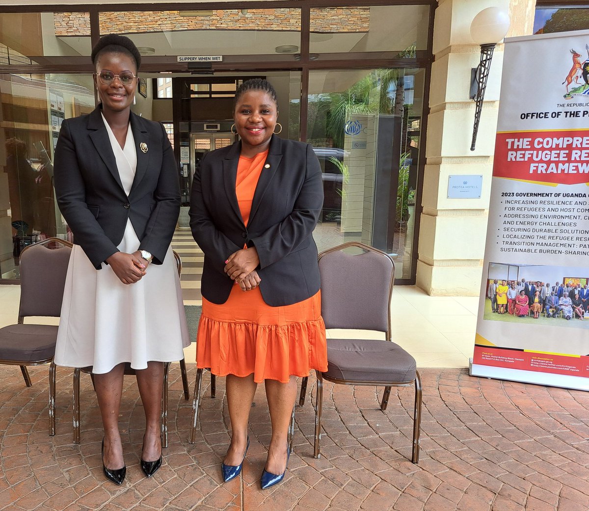 On the sidebar, i held strategic discussions with Minister of State for Disaster Preparedness and Refugees Hon. Lilian Aber, after the Comprehensive Refugee Response Framework Meeting today at Protea Hotel. @UgandaRedCross works closely with the @OPMUganda to deliver