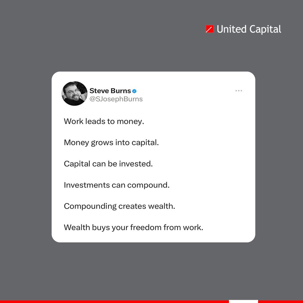 This, ladies and gents, is the secret to wealth accumulation. 

Rinse and repeat!🔁 

Tweet credit- @SJosephBurns

#UnitedCapital #InvestNow